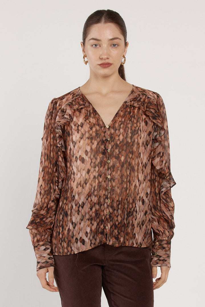 Odette Ruffle Blouse Snake Print