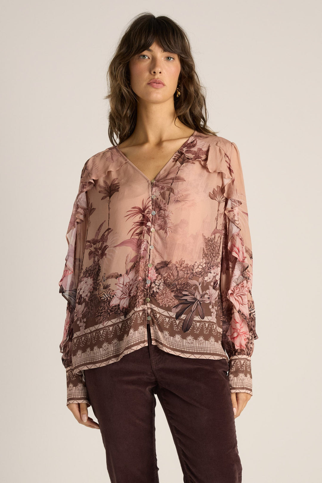 Odette Ruffle Blouse Scarf Print