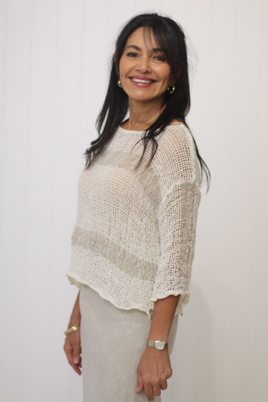 Box Top Sleeved Canapa Natural Stripe