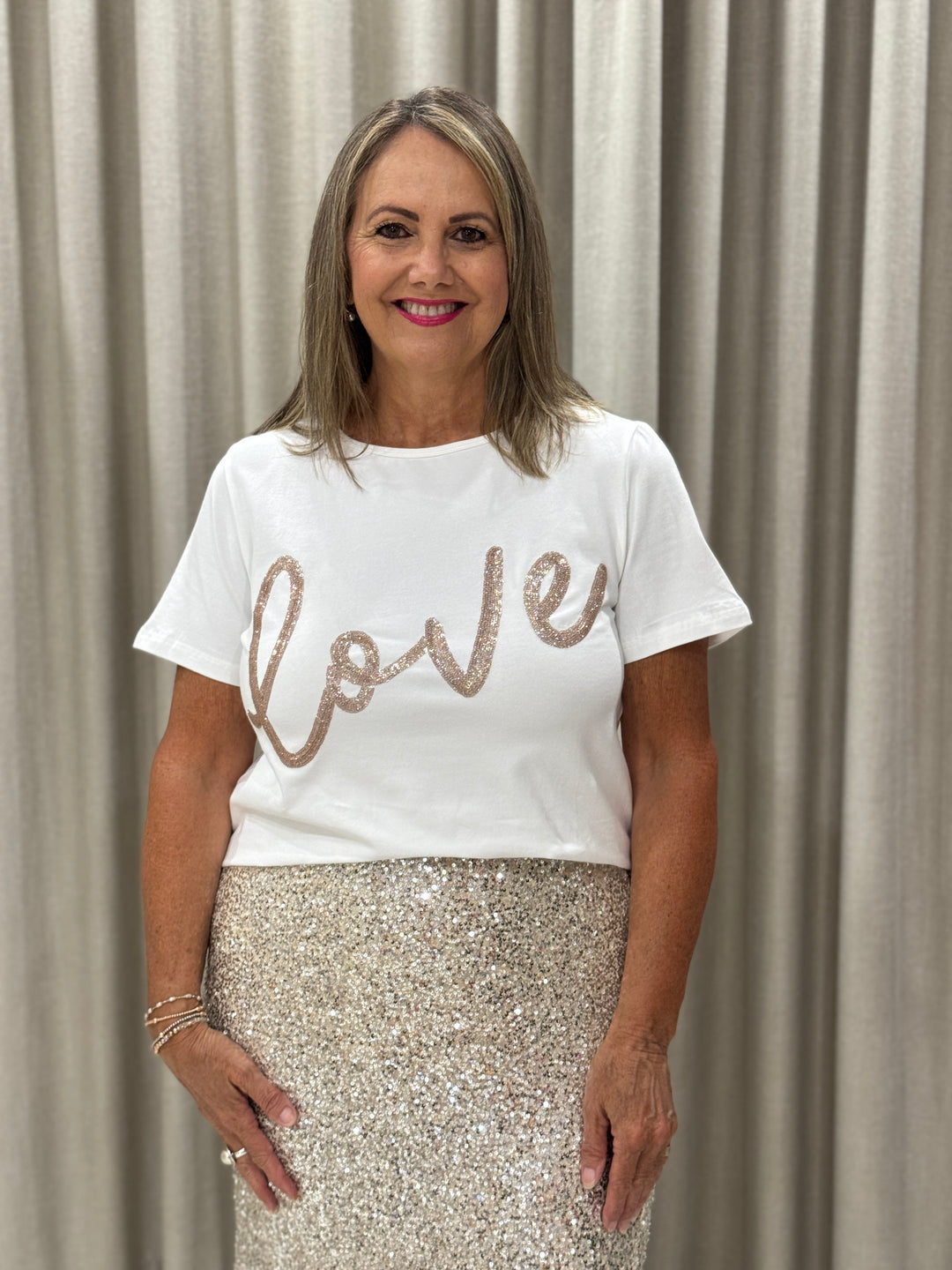 Love Sequin Tee Ivory/Champagne