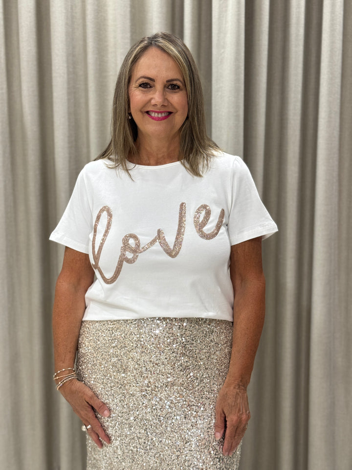 Love Sequin Tee Ivory/Champagne