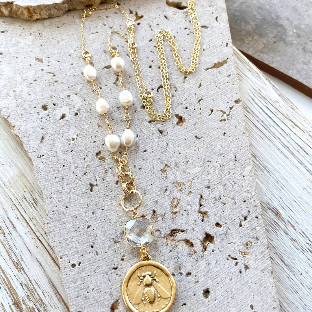 Crystal Bee Pearl Necklace