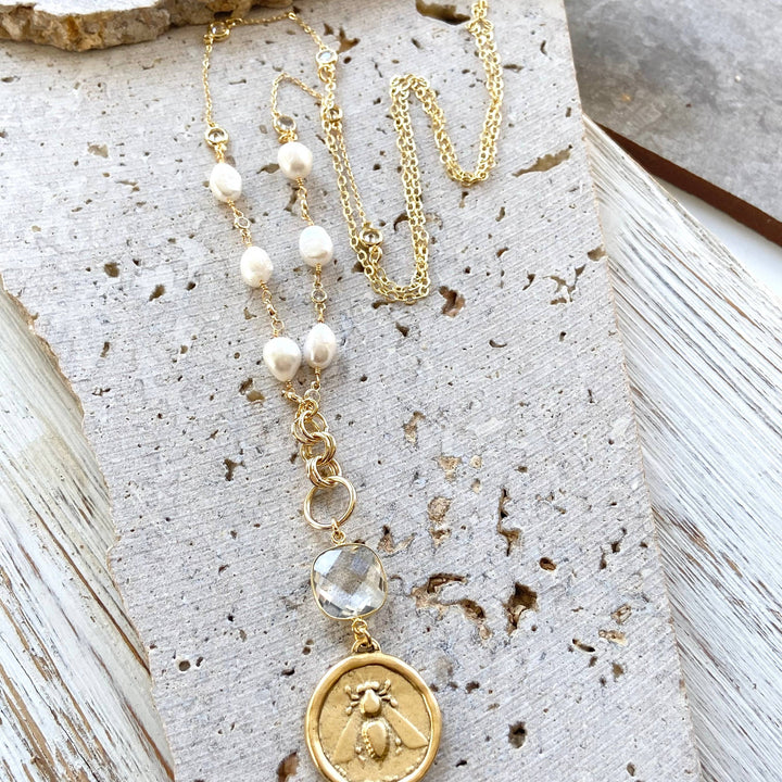 Crystal Bee Pearl Necklace