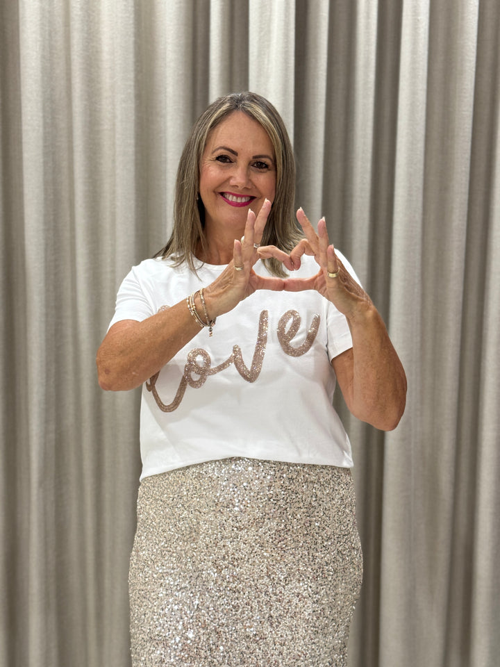 Love Sequin Tee Ivory/Champagne