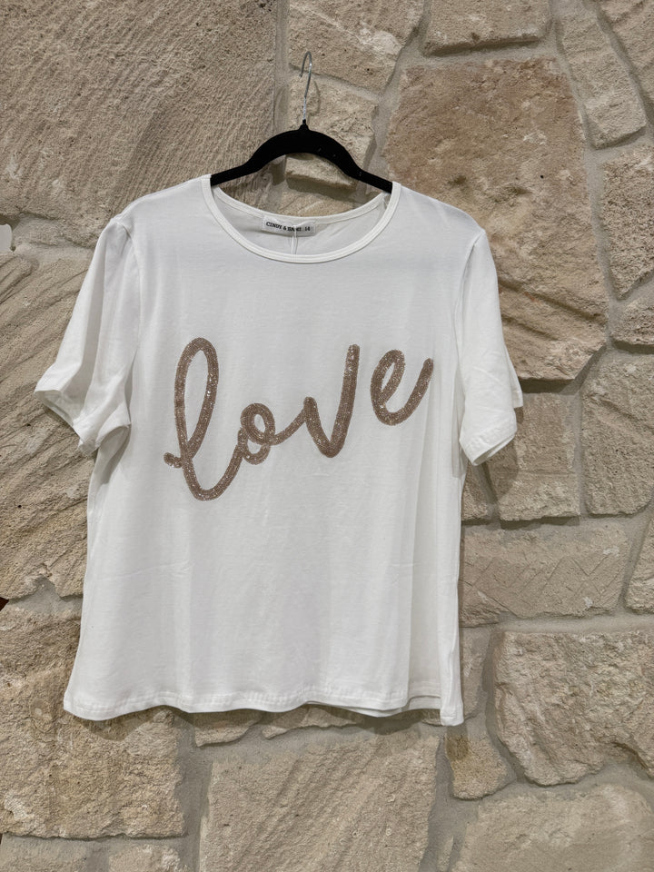 Love Sequin Tee Ivory/Champagne
