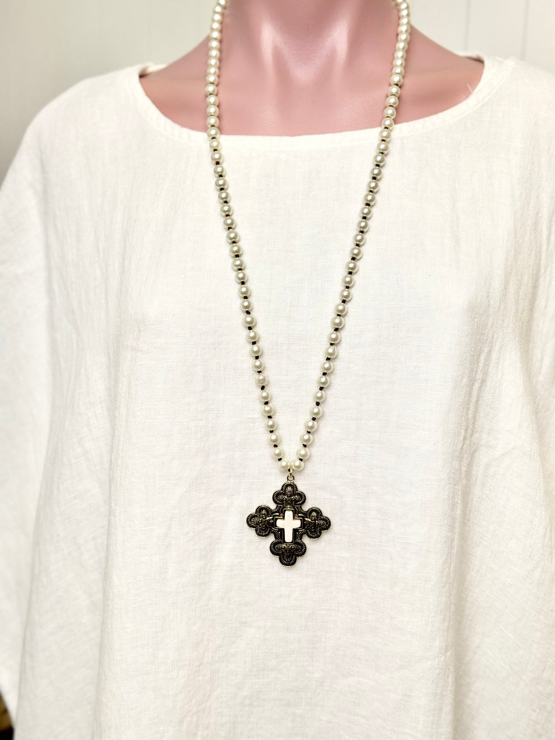 Awen Pearl Cross Necklace