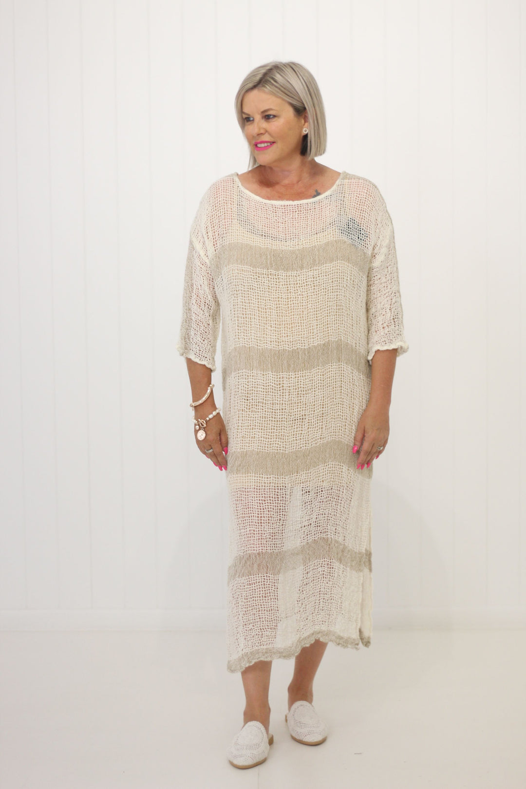 Positano Maxi Sleeved Netta Canapa Natural Stripe