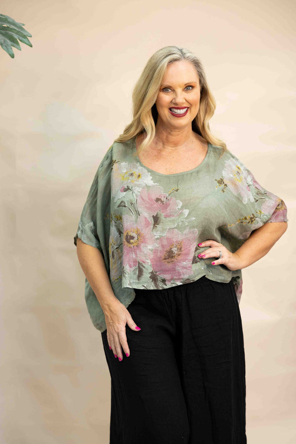 Tia Floral Top Khaki