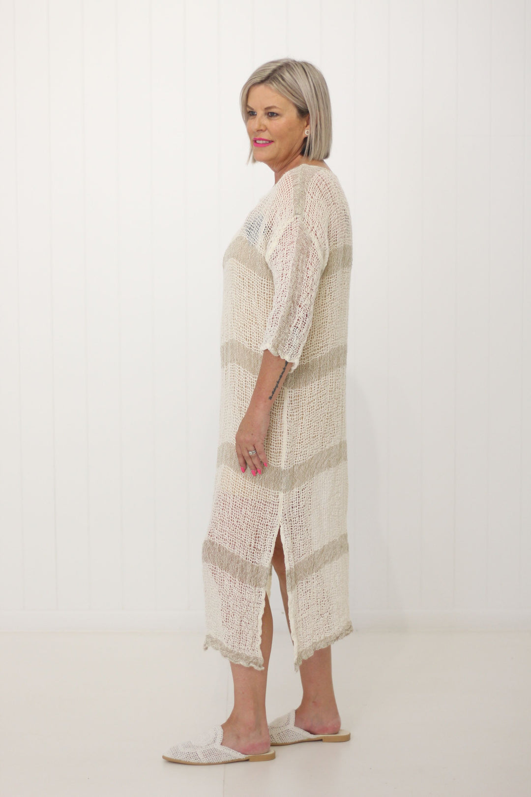 Positano Maxi Sleeved Netta Canapa Natural Stripe
