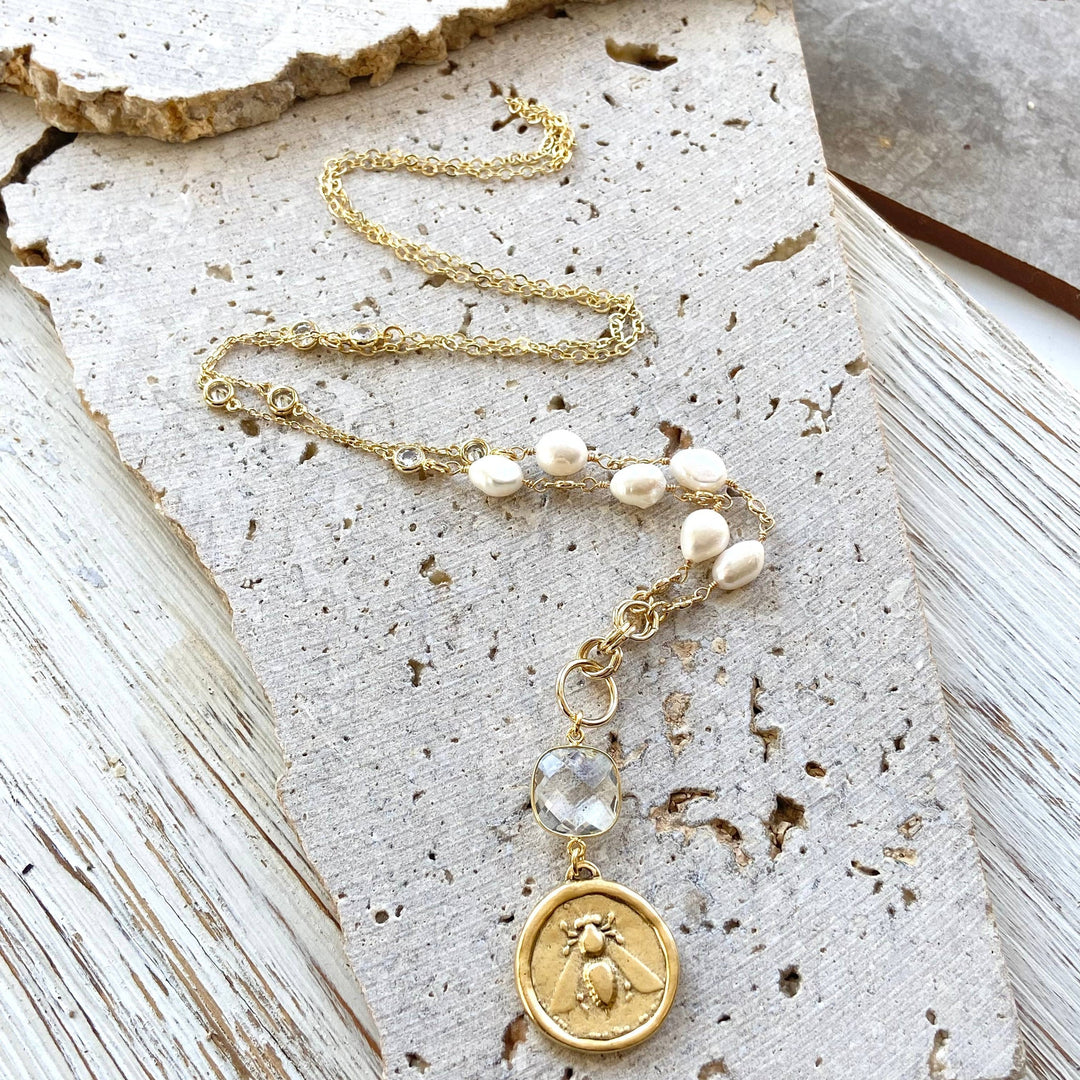 Crystal Bee Pearl Necklace